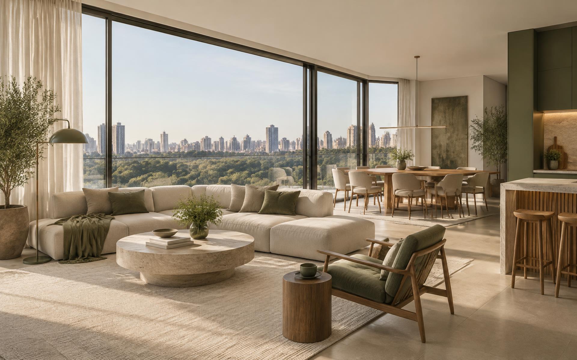 Interior contemporâneo com grandes janelas e vista urbana